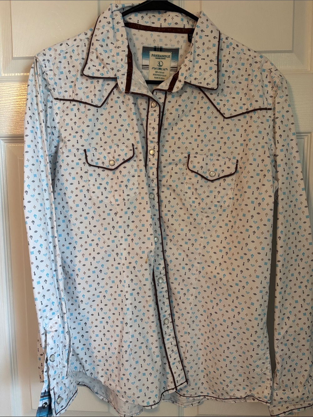 Panhandle womens White Button-Down Western Shirt with Blue Motif